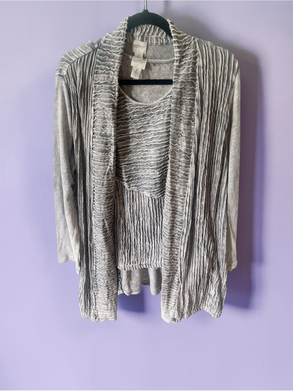 Zenergy by Chico's Light Gray Crinkled Open-Front Cardigan and tank set